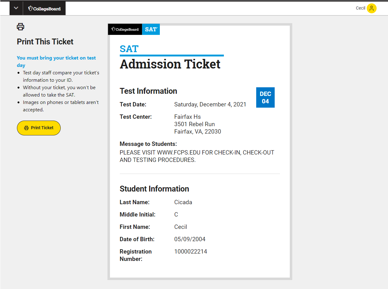 The SAT Admission Ticket In Black And White